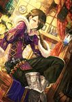  bad_id bad_pixiv_id black_hair book bookshelf bottle bug butterfly chain_chronicle coin curtains dutch_angle grin insect male_focus mura_karuki red_eyes sitting smile solo 