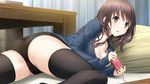  1girl ass black_legwear breasts brown_eyes brown_hair cameltoe cleavage controller game_cg game_controller gamepad haru_kiss highres large_breasts legs long_hair looking_at_viewer lying mikoto_akemi on_side pillow shiraishi_aoi short_shorts shorts solo table thighs 