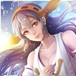  artist_name breasts brown_eyes cleavage closed_mouth detached_sleeves dutch_angle facebook_username grey_hair hand_on_own_chest haruna_(kantai_collection) kantai_collection lens_flare lips long_hair magion02 medium_breasts nose signature smile solo upper_body water_drop watermark web_address 