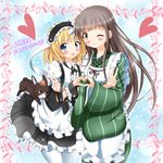  ama_usa_an_uniform anko_(gochiusa) apron blonde_hair blue_eyes blush brown_hair fleur_de_lapin_uniform gochuumon_wa_usagi_desu_ka? green_eyes heart heart_hands heart_hands_duo highres kirima_sharo long_hair looking_at_viewer multiple_girls one_eye_closed open_mouth short_hair smile ujimatsu_chiya v wa_maid waitress wrist_cuffs zenon_(for_achieve) 