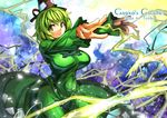  breasts dress green_dress green_eyes green_hair hat hat_ribbon large_breasts lightning long_sleeves looking_at_viewer outstretched_arms ribbon soga_no_tojiko solo touhou umigarasu_(kitsune1963) wide_sleeves 