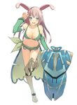  animal_ears armor armored_boots bad_id bad_pixiv_id bent_over bikini bikini_top blue_eyes boots breasts bunny_ears cccpo cleavage collarbone detached_sleeves green_bikini large_breasts long_hair long_sleeves metal_boots navel open_mouth original pink_hair shield showgirl_skirt smile solo standing standing_on_one_leg swimsuit thigh_boots thighhighs very_long_hair wide_sleeves 