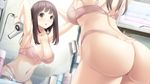  arched_back arm_behind_head armpits arms_up ass bathroom bra breasts brown_eyes brown_hair cleavage cosmetics crooking_arms dutch_angle from_below game_cg hair_dryer hand_behind_head haru_kiss highleg highleg_panties holding indoors large_breasts lingerie long_hair looking_at_mirror mikoto_akemi mirror open_mouth panties pink_bra pink_panties reflection shiraishi_aoi sidelocks solo standing strap_gap thong underwear underwear_only 