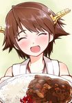  bare_shoulders brown_hair commentary curry curry_rice failure_penguin food headgear hiei_(kantai_collection) highres kantai_collection miss_cloud rice short_hair smile tears umakuchi_shouyu 