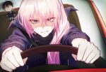  1girl absurdres ariari blue_eyes clenched_teeth driving hair_over_shoulder highres kawaii_dake_ja_nai_shikimori-san long_hair pink_hair purple_sweater shikimori_(kawaii_dake_ja_nai) solo steering_wheel sweat sweater teeth 