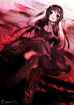  akemi_homura black_hair black_hairband covering_ears dress flower funeral_dress hairband long_hair looking_at_viewer lying mahou_shoujo_madoka_magica mahou_shoujo_madoka_magica_movie oka_(umanihiki) on_back signature solo spider_lily spoilers thighhighs zettai_ryouiki 