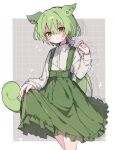  1girl adapted_costume border closed_mouth feet_out_of_frame frilled_skirt frills gil_(gil_261) green_hair green_skirt grey_background grid_background hand_up highres jaggy_lines long_hair long_sleeves looking_at_viewer outside_border shirt single_blush_sticker skirt skirt_hold solo sparkle standing suspender_skirt suspenders voicevox white_border white_shirt yellow_eyes zundamon 