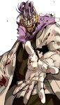  1boy absurdres bleach blood blood_on_clothes blood_on_face blood_on_hands colored_skin cowboy_shot facepaint grin haori highres japanese_clothes kurotsuchi_mayuri looking_at_viewer loose_hair_strand male_focus open_mouth outstretched_arm purple_hair sash shihakusho smile taichou_haori torn_clothes upper_body white_background white_skin xi_luo_an_ya yellow_eyes yellow_teeth 