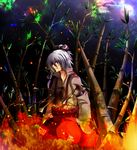  arm_belt arrow azumi-kun bamboo bamboo_forest blood blood_from_mouth bloody_clothes cloud embers facing_away fire forest fujiwara_no_mokou full_moon hair_ribbon impaled long_sleeves moon nature night ofuda outdoors pants parted_lips ponytail ribbon short_hair solo suspenders touhou white_hair 