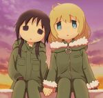  2girls ahoge asdfg21 black_eyes black_gloves black_hair blonde_hair blue_eyes chito_(shoujo_shuumatsu_ryokou) cloud cloudy_sky coat cowboy_shot cross english_commentary evening fur-trimmed_coat fur_trim gloves green_coat green_jacket green_pants heads_together holding_hands jacket multiple_girls open_mouth outdoors pants parted_bangs parted_lips shoujo_shuumatsu_ryokou sitting sky twilight yuri yuuri_(shoujo_shuumatsu_ryokou) zipper 