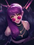  1girl black_background black_shirt evelynn_(league_of_legends) fur-trimmed_jacket fur_trim gold_necklace highres jacket jacket_partially_removed jeremy_anninos jewelry k/da_evelynn league_of_legends looking_at_viewer looking_over_eyewear necklace pink-tinted_eyewear pink_lips purple_hair round_eyewear shirt simple_background sleeveless sleeveless_shirt smile solo straight_hair sunglasses tinted_eyewear yellow_eyes 