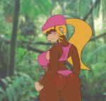 2023 anthro big_breasts blonde_hair blurred_background blush body_blush bottomwear breasts brown_body brown_fur butt_blush chunkyoreo cleavage clothed clothing crop_top dixie_kong donkey_kong_(series) drill_curls ear_piercing ear_ring eyelashes eyeshadow female forest fur hair haplorhine hotpants jungle lips looking_at_viewer looking_back makeup mammal monkey nintendo pants photo_background photography_(artwork) piercing pink_eyeshadow pink_hair pink_lips plant ponytail primate ring_piercing shirt shorts side_boob solo tan_body tan_skin tight_bottomwear tight_clothing tight_pants topwear tree
