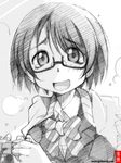  blush bow controller game_controller glasses gofu greyscale looking_at_viewer monochrome open_mouth original short_hair sketch smile solo spot_color tears traditional_media watermark 