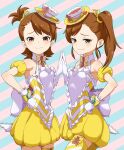  2girls bare_shoulders blush brown_eyes brown_hair closed_mouth commentary_request cowboy_shot cup dress eyelashes frilled_dress frills furrowed_brow futami_ami futami_mami gloves hair_ribbon hand_on_own_hip hand_up highres holding_hands idol idol_clothes idolmaster idolmaster_(classic) looking_at_viewer mappy_(minogue) medium_hair multiple_girls one_side_up ribbon short_dress short_hair siblings side_ponytail sidelocks sisters sleeveless sleeveless_dress smile smug split_mouth teacup teatime_happiness_(idolmaster) twins two-tone_dress white_gloves yellow_dress yellow_ribbon 