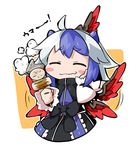  ahoge blue_hair blush_stickers byourou eating food head_wings horns multicolored_hair oden short_hair silver_hair single_head_wing smile solo tokiko_(touhou) touhou two-tone_hair wings 