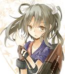  bad_id bad_pixiv_id brown_eyes flight_deck gloves grey_hair hair_ribbon harapekopikachu holding_arm japanese_clothes kantai_collection looking_at_viewer muneate open_mouth partly_fingerless_gloves ribbon solo twintails upper_body yugake zuikaku_(kantai_collection) 