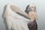  aleng backless_dress backless_outfit bare_shoulders bird_wings breasts commentary_request dress feathered_wings from_behind gradient_background grey_background grey_hair highres kishin_sagume looking_at_viewer looking_back medium_hair purple_dress red_eyes sideboob single_wing touhou white_wings wings 