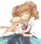  :3 :d blonde_hair blush brown_eyes brown_hair cheek-to-breast crown dated dress futaba_anzu gloves hair_ornament heart heart_hair_ornament hug idolmaster idolmaster_cinderella_girls long_hair mini_crown moroboshi_kirari multiple_girls nagian open_mouth puffy_sleeves smile star!! sweat twintails 