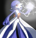  alternate_color black_background blue_hair bob_cut colored_skin dress electricity gardevoir glowing hair_over_one_eye multicolored_skin nollety open_mouth pokemon pokemon_(creature) red_eyes shiny_pokemon simple_background two-tone_skin white_dress white_skin 