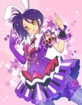  animal_ears blush bunny_ears chain dress elbow_gloves fishnet_pantyhose fishnets flower gloves katsuma_rei looking_at_viewer necktie pantyhose pretty_(series) pripara purple_hair short_hair side_ponytail single_glove solo thigh_strap toudou_shion yellow_eyes 