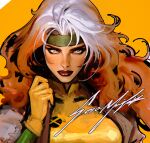  brown_jacket gloves green_eyes headband high_collar highres holding holding_clothes holding_jacket jacket lipstick makeup marvel marvel_vs._capcom rogue_(x-men) serious shirt signature simple_background sozomaika standing unfinished x-men yellow_shirt 