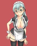  apron aqua_eyes aqua_hair bespectacled black_legwear blush breasts cleavage full_body glasses hair_between_eyes hair_ornament hairclip kantai_collection large_breasts long_hair looking_at_viewer maid maid_headdress moshi_(atelier33-4) panties panty_pull pulled_by_self red_background short_sleeves simple_background smile solo suzuya_(kantai_collection) sweat thighhighs underwear undressing wrist_cuffs zettai_ryouiki 