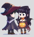  1boy 1girl absurdres artist_name black_hair black_wings boots breasts brown_footwear cape chibi cleavage closed_mouth commentary dress face-to-face full_body halloween hat highres holding horns j_humbo jack-o&#039;-lantern komi-san_wa_komyushou_desu komi_shouko loafers long_hair long_sleeves looking_at_another no_mouth no_nose pants purple_eyes purple_hair shoes signature standing swept_bangs symbol-only_commentary tadano_hitohito torn_cape torn_clothes very_long_hair wings 