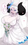  1girl animal_ears blue_eyes bouquet breasts bridal_veil bride cow_ears cow_horns dress earrings eyeliner fang gigantic_breasts hair_between_eyes heart highres holding holding_bouquet horns huge_breasts huge_horns jewelry makeup mato_tsuyoi oppai_loli original short_hair veil wedding_dress white_hair yamada_vanhouten 