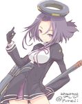  2014 artist_name covered_navel cowboy_shot dated gloves hair_intakes kantai_collection mechanical_halo neck_ribbon polearm pureji_oshou purple_eyes purple_hair ribbon short_hair solo tatsuta_(kantai_collection) twitter_username weapon white_background 