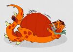 ambiguous_gender ambiguous_pred bandanna belly big_belly canid canine canis domestic_dog foulfur_(artist) fur hi_res huge_belly kerchief mammal onomatopoeia orange_body orange_fur pawpads purple_pawpads solo sound_effects tail text tongue tongue_out vore
