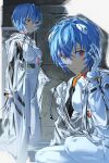  1girl absurdres ayanami_rei blue_hair breasts closed_mouth crack cracked_wall expressionless gloves hair_between_eyes hand_on_own_head hand_up highres interface_headset looking_at_viewer multiple_views neon_genesis_evangelion pilot_suit plugsuit raincoat red_eyes short_hair small_breasts solo squatting standing tokeru transparent_raincoat white_gloves 