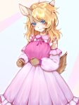 2024 anthro blonde_hair blue_eyes clothing deer dress female frilly frilly_clothing frilly_dress hair long_dress long_hair looking_at_viewer mammal pink_clothing pink_dress roadkill_(sufficient) scut_tail short_tail simple_background solo spots svetkaabdurakhmanova tail tan_body white_background white_spots