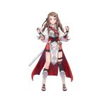  1girl absurdres alternate_costume arm_guards armor asymmetrical_legwear breastplate brown_eyes brown_hair choker clenched_hands closed_mouth commentary_request fire_emblem fire_emblem_fates fire_emblem_heroes full_body hana_(fire_emblem) hands_up headband highres japanese_clothes katana long_hair long_sleeves looking_at_viewer official_art pelvic_curtain sandals sheath sheathed shiny_skin sidelocks smile solo sword thigh_strap toeless_footwear toeless_legwear toenails toes weapon white_background yuko_(uc_yuk) 