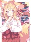  1girl animal_ear_fluff animal_ears bare_shoulders blonde_hair blue_eyes blush breasts daidai_ookami detached_sleeves fox_ears fox_shadow_puppet fox_tail hakama highres japanese_clothes long_hair medium_breasts open_mouth original petals red_hakama solo tail white_sleeves 