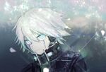  1boy 9ji_(48792047) ahoge android black_headphones blue_background blue_eyes closed_mouth commentary_request danganronpa_(series) danganronpa_v3:_killing_harmony glowing glowing_eyes gradient_background hair_between_eyes k1-b0 light_smile male_focus petals short_hair simple_background solo sparkle upper_body white_hair 