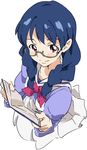  bangs bespectacled blouse blue_hair book bow braid brown_eyes commentary from_above glasses go!_princess_precure hair_over_shoulder holding holding_book looking_up nanase_yui noble_academy_school_uniform open_book precure purple_blouse school_uniform semi-rimless_eyewear serafuku simple_background skirt smile solo twin_braids umanosuke under-rim_eyewear white_background white_skirt 