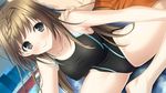  1girl barefoot black_eyes blush braid breasts brown_hair collarbone erect_nipples game_cg haru_kiss highres legs long_hair looking_back marui_(koedame) massage mikoto_akemi navel pool smile swimsuit thighs water yasumi_itsuki 