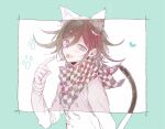  ._(deepblue27) 1boy animal_ear_fluff animal_ears aqua_background arm_belt belt black_scarf buttons cat_ears cat_tail chain checkered_clothes checkered_scarf commentary_request danganronpa_(series) danganronpa_v3:_killing_harmony double-breasted fingernails hair_between_eyes heart jacket kemonomimi_mode long_sleeves male_focus oma_kokichi paw_print pointing pointing_at_self purple_eyes purple_hair revealing_layer scarf short_hair sleeves_past_wrists solo tail tongue two-tone_background two-tone_scarf upper_body white_background white_belt white_jacket white_scarf white_sleeves 