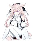  1girl absurdres animal_ears blonde_hair braid cat_ears cat_tail clothing_cutout earrings final_fantasy final_fantasy_xiv highres jewelry long_hair looking_at_viewer miqo&#039;te purple_eyes sana_(sanamaru_0w0) shoulder_cutout slit_pupils solo tail thighhighs twin_braids white_background white_thighhighs 