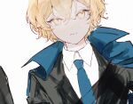  1boy black_jacket blonde_hair blue_cape blue_necktie cape closed_mouth collared_shirt highres jacket limbus_company looking_at_viewer male_focus necktie o_tyappa portrait project_moon shirt simple_background sinclair_(project_moon) solo white_background white_shirt wing_collar yellow_eyes 