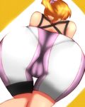  1girl artist_request ass bare_shoulders bike_shorts cameltoe crotch foreshortening from_behind from_below gundam gundam_build_fighters gundam_build_fighters_try hair_ornament hoshino_fumina huge_ass long_hair orange_hair pantylines perspective ponytail pov_ass scrunchie shiny shiny_clothes shiny_skin skindentation solo thigh_strap 
