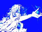  1boy argalia_(project_moon) arm_up blue_theme brooch cape claws gem highres jewelry library_of_ruina long_hair male_focus monochrome musical_note parted_lips project_moon simple_background smile solo very_long_hair wendkwo2nwmks 