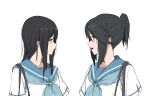  2girls bag black_hair blue_eyes blue_neckerchief blue_sailor_collar blush commentary eye_contact hibike!_euphonium highres kasaki_nozomi kitauji_high_school_uniform liz_to_aoi_tori long_hair looking_at_another multiple_girls neckerchief nozo_mizore parted_lips ponytail purple_eyes sailor_collar school_uniform serafuku shirt shoulder_bag simple_background white_background white_shirt yoroizuka_mizore 