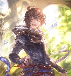  1boy :d ahoge arch armor belt bishounen blue_belt breastplate brown_hair cape closed_eyes cowboy_shot falling_feathers feathers fingerless_gloves game_cg garden gloves granblue_fantasy happy hood hood_down light male_focus messy_hair minaba_hideo official_art red_cape sandalphon_(granblue_fantasy) short_hair smile solo_focus teeth third-party_source upper_teeth_only white_feathers 