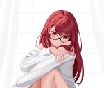  1girl bare_legs bare_shoulders black-framed_eyewear blush closed_mouth curtains glasses highres long_hair long_sleeves looking_at_viewer persona persona_5 persona_5_the_royal red_eyes red_hair shirt sitting smile solo straight_hair white_shirt window yoshizawa_sumire yura_s_arts 