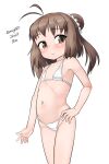  1girl absurdres aged_down antenna_hair bikini brown_eyes brown_hair double_bun feet_out_of_frame flat_chest hair_bun hand_on_own_hip highres kantai_collection maru_(marg0613) medium_hair naka_(kancolle) navel one-hour_drawing_challenge simple_background smile solo swimsuit white_background white_bikini 