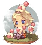  1boy armored_boots blonde_hair boots chibi chibi_only closed_mouth final_fantasy final_fantasy_xi full_body heart holding kotorai looking_ahead male_focus moogle no_nose short_hair signature sitting smile solo vaan_(ff11) 