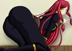  1girl against_wall alternate_color alternate_eye_color arc_system_works ass bent_over blazblue blue_eyes blush boots breasts gold_eyes hair_tubes highres large_breasts leaning leaning_forward long_hair looking_at_viewer open_mouth pants parted_lips red_hair seraphina sideboob tight_pants tsubaki_yayoi uniform very_long_hair yellow_eyes 