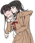  2girls a_jak bang_dream! bang_dream!_it&#039;s_mygo!!!!! black_hair blue_eyes blush brown_dress brown_hair closed_mouth commentary_request dress hanasakigawa_school_uniform hand_on_another&#039;s_waist hand_under_clothes hand_under_shirt highres hug hug_from_behind korean_commentary long_hair long_sleeves mole mole_under_eye multiple_girls neck_ribbon parted_lips purple_eyes red_ribbon ribbon school_uniform shiina_taki shirt simple_background white_background yahata_umiri yuri 