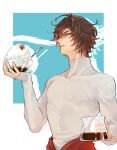  1boy ahoge aqua_background arm_up bishounen bowl brown_hair coffee coffee_pot commentary_request cowboy_shot food from_side furrowed_brow granblue_fantasy gucha_(netsu) holding holding_bowl looking_at_viewer male_focus messy_hair multicolored_background parted_lips red_eyes sandalphon_(granblue_fantasy) shaved_ice short_hair sleeves_past_wrists solo_focus spoon sweater turtleneck upper_body white_background white_sweater 